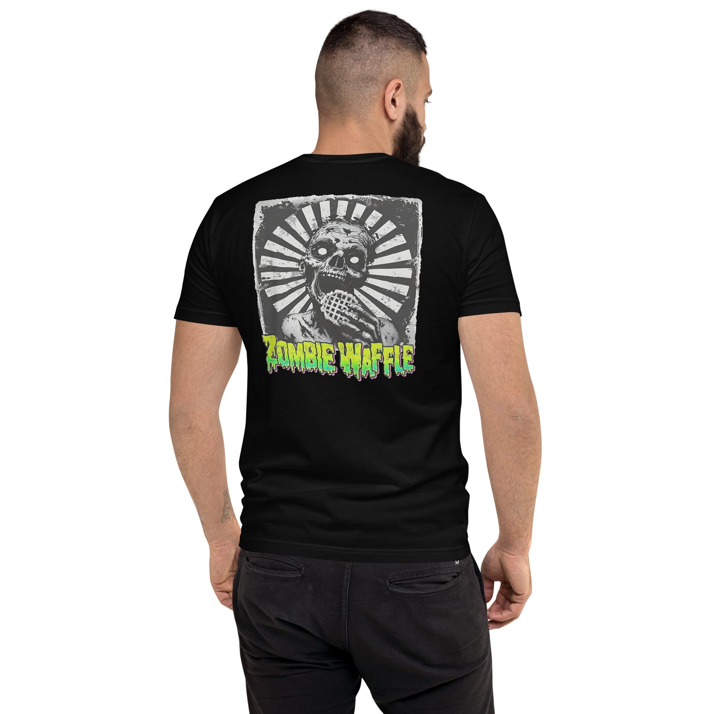 Zombie Eating a Waffle Men's Fitted Tee (Back Print)