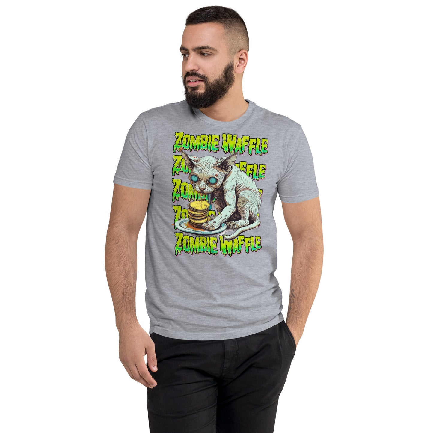 Zombie Sphynx Eating Pancakes Men's Fitted Tee