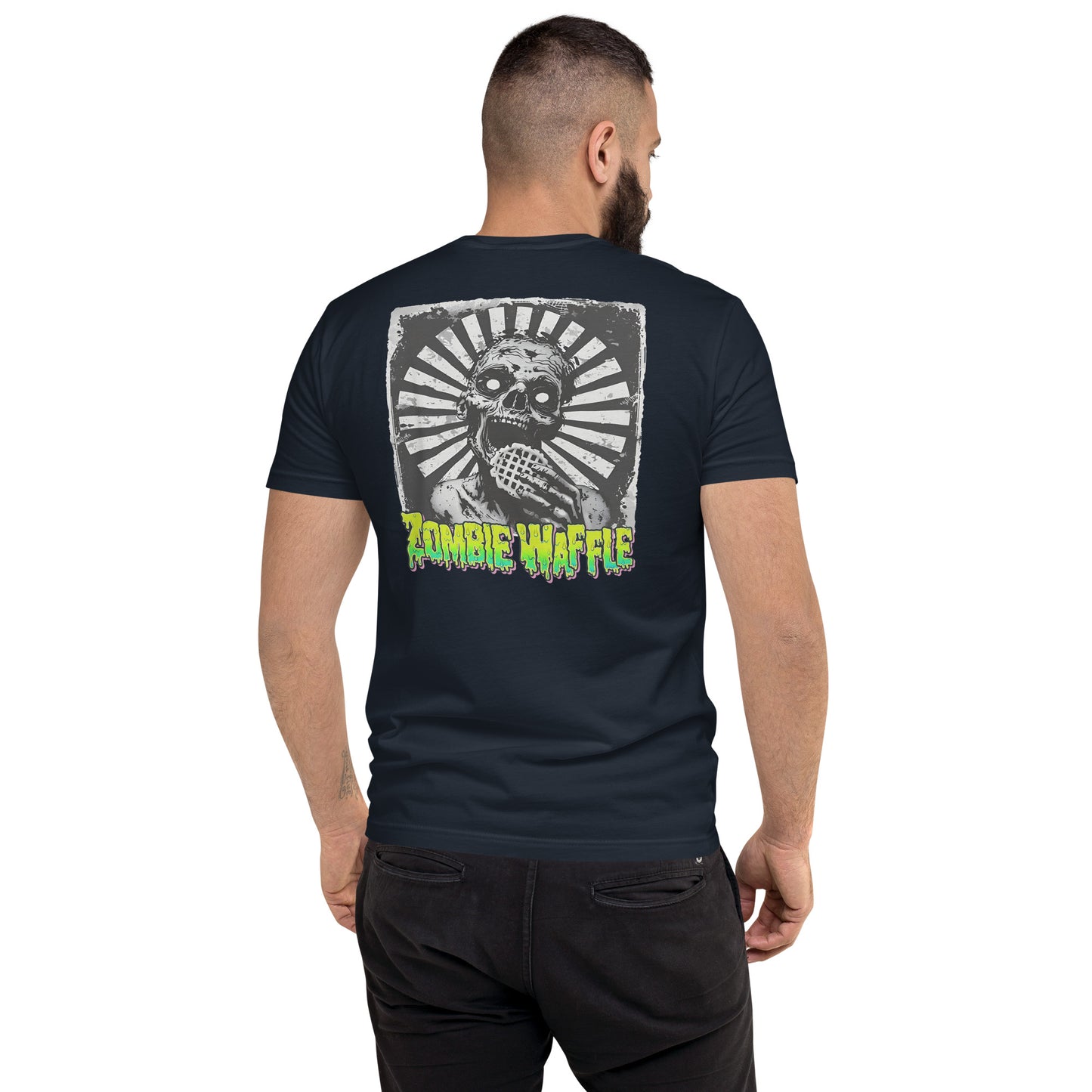 Zombie Eating a Waffle Men's Fitted Tee (Back Print)