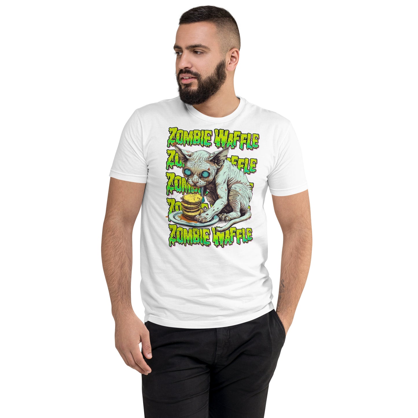 Zombie Sphynx Eating Pancakes Men's Fitted Tee